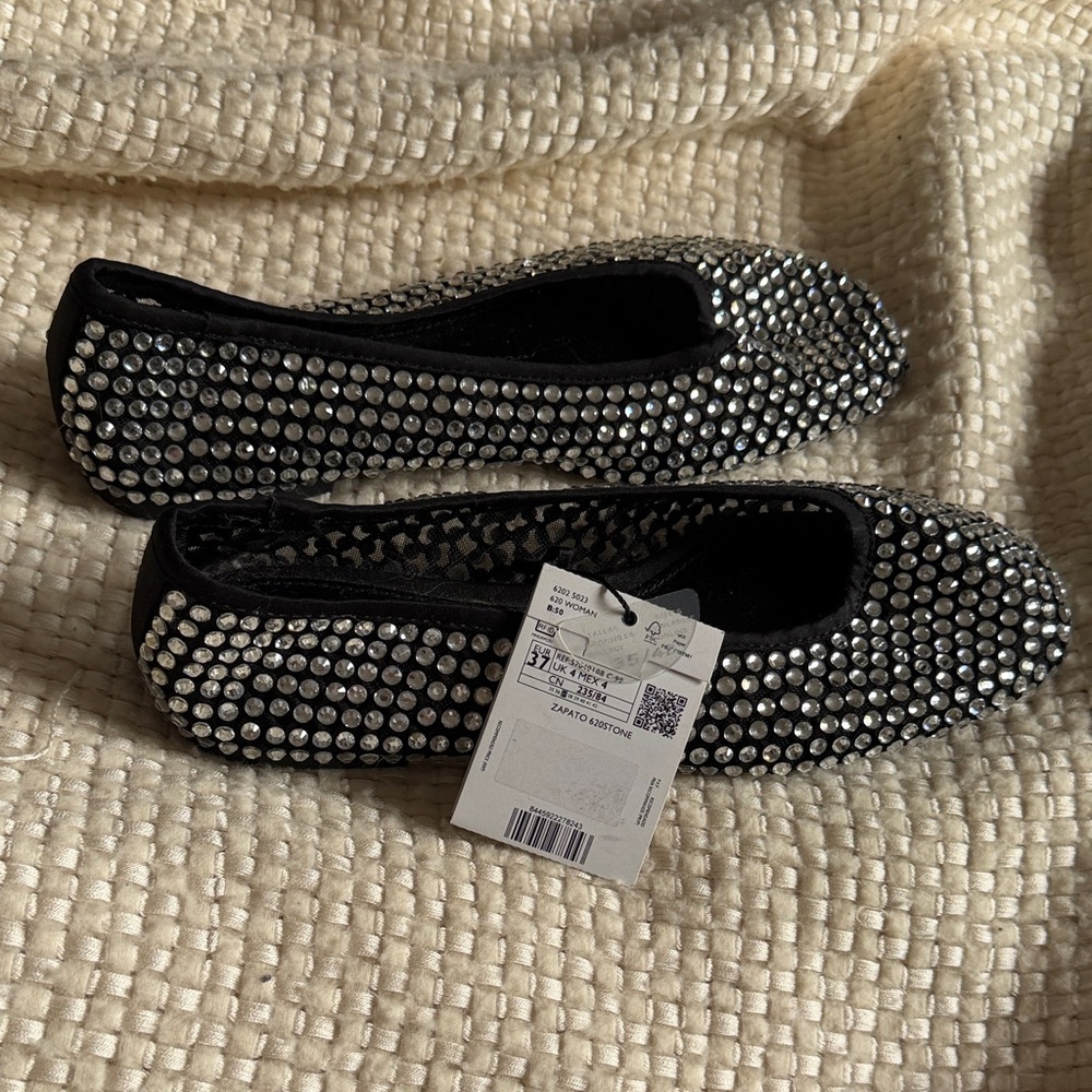 Mango Black and Silver Embellished Flats